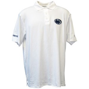 white polo shirt with Penn State on right sleeve, Athletic Logo on left chest